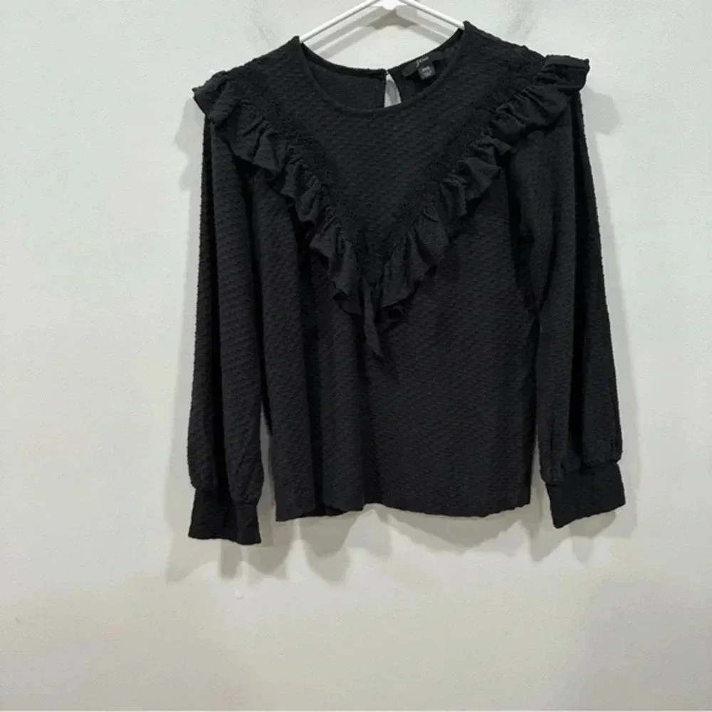 J Crew Honeycomb Ruffle Trimmed Blouse black XXS